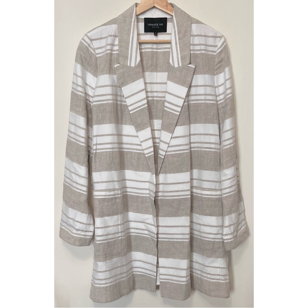 Lafayette 148 New York • M • Malika Linen Open Front
Mid-Length Jacket Striped